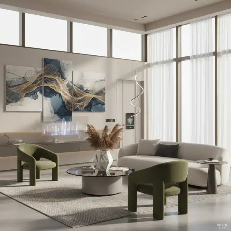 Salon moderne et élégant avec des articles de décoration SHEIN Home, ambiance chic et contemporaine.