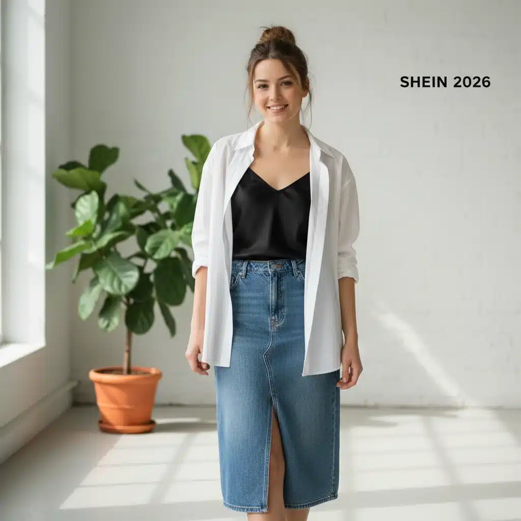 Exemple de superposition Shein 2026 : chemise blanche sur camisole et jupe en jean.