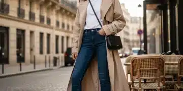 Femme française élégante portant un trench Shein 2026, créant une tenue chic et polyvalente.