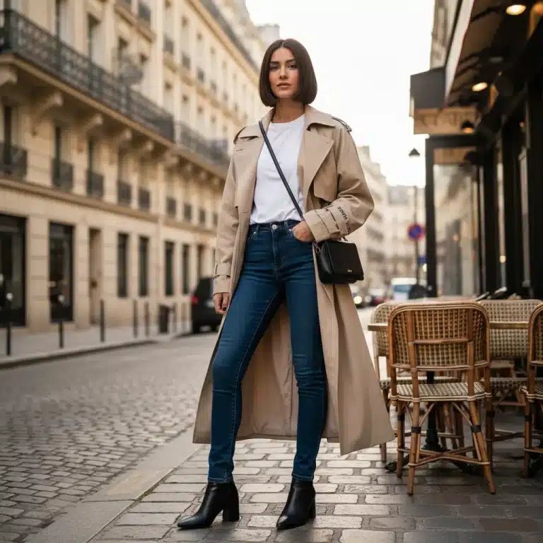 Femme française élégante portant un trench Shein 2026, créant une tenue chic et polyvalente.