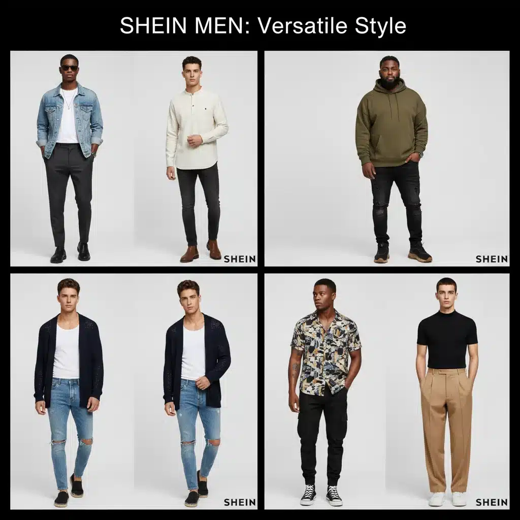 Collage de six tenues SHEIN homme différentes, illustrant la polyvalence et l'ajustement des pièces clés.
