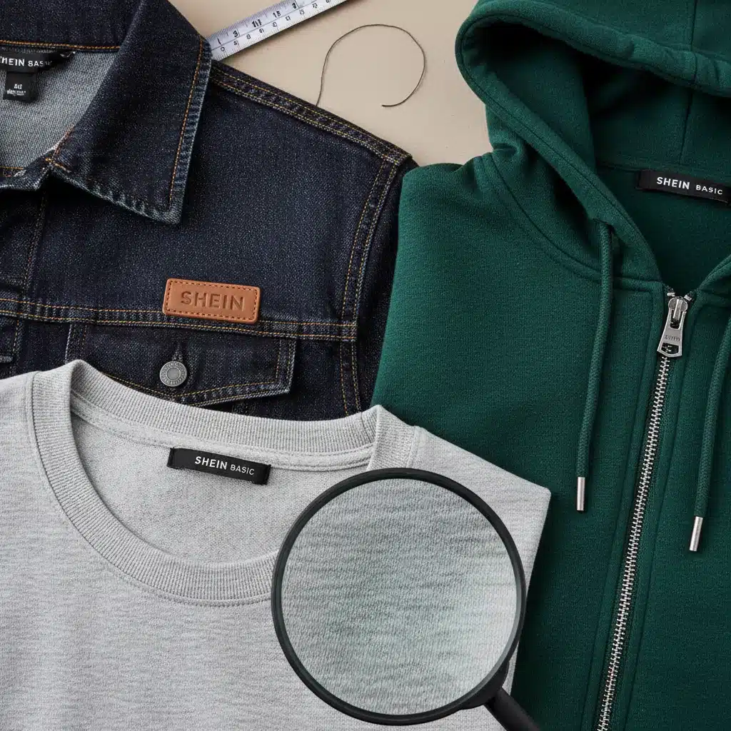 Détails de tissus et finitions de vêtements SHEIN homme, montrant la qualité perçue des matières.