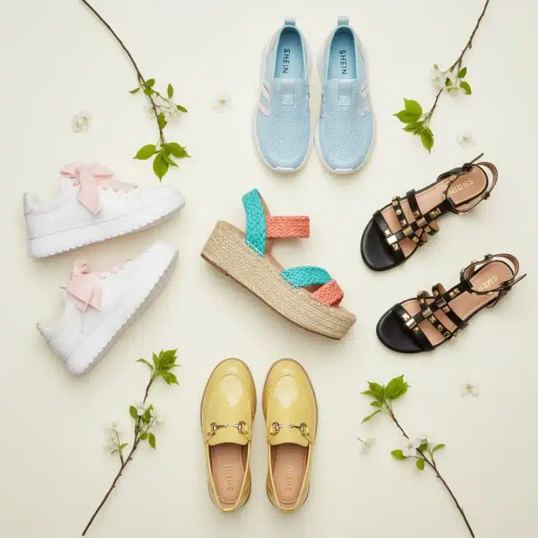Cinq paires de chaussures SHEIN tendance pour le printemps 2026, disposées avec élégance sur un fond clair.