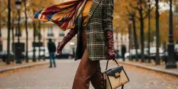 Femme élégante avec accessoires d'automne 2026, écharpe, gants et sac tendance, dans une rue parisienne.