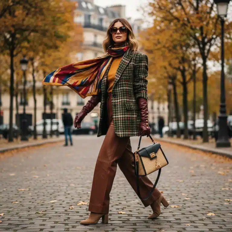 Femme élégante avec accessoires d'automne 2026, écharpe, gants et sac tendance, dans une rue parisienne.