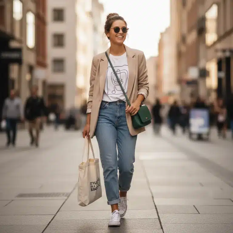 Jeune femme stylée et souriante, vêtue d'un look tendance et abordable en ville