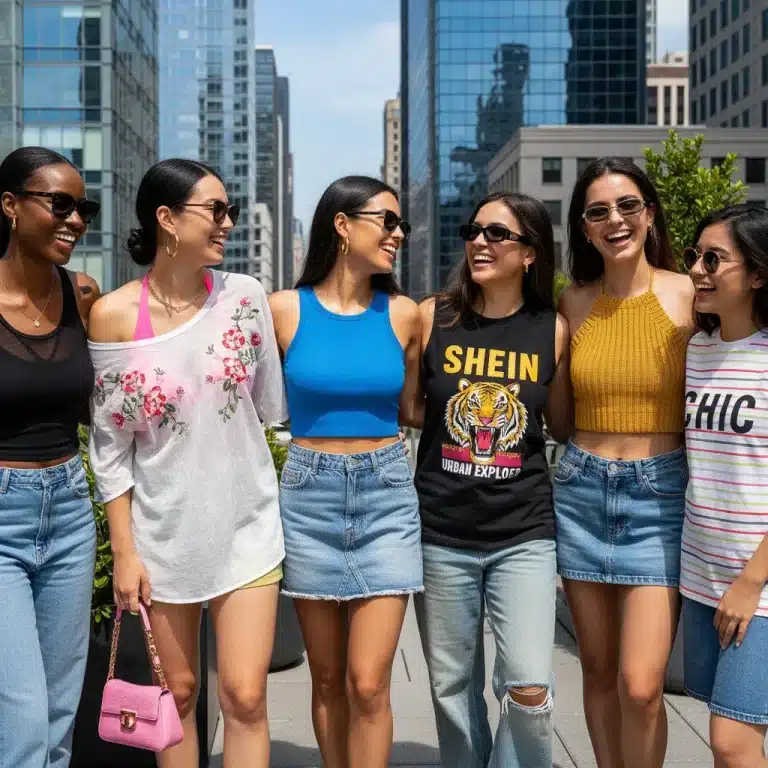 Jeunes femmes souriantes portant des débardeurs et t-shirts SHEIN variés dans un cadre urbain moderne, illustrant la diversité des styles.