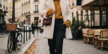 Jeune femme élégante en tenue Shein automne-hiver 2026, marchant dans une rue parisienne.
