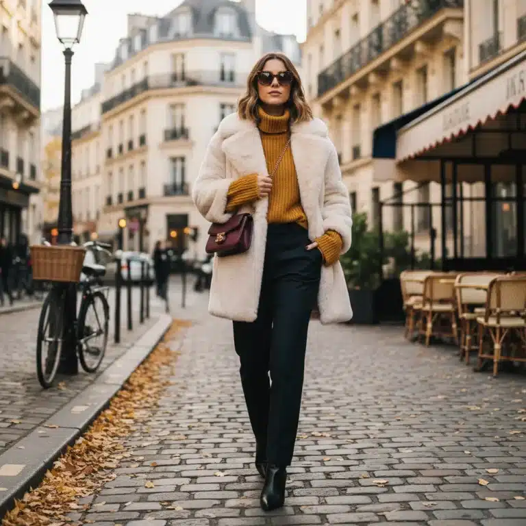 Jeune femme élégante en tenue Shein automne-hiver 2026, marchant dans une rue parisienne.