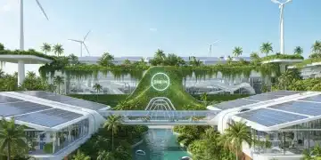 Usine de mode durable Shein avec panneaux solaires et éoliennes, symbolisant l'engagement écologique.