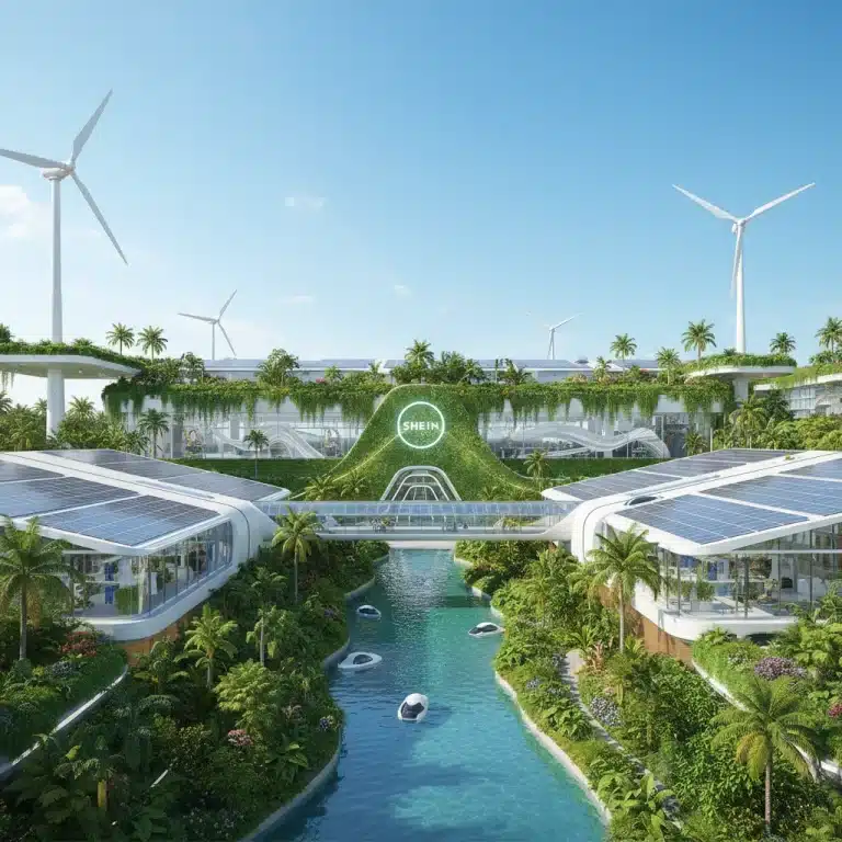 Usine de mode durable Shein avec panneaux solaires et éoliennes, symbolisant l'engagement écologique.